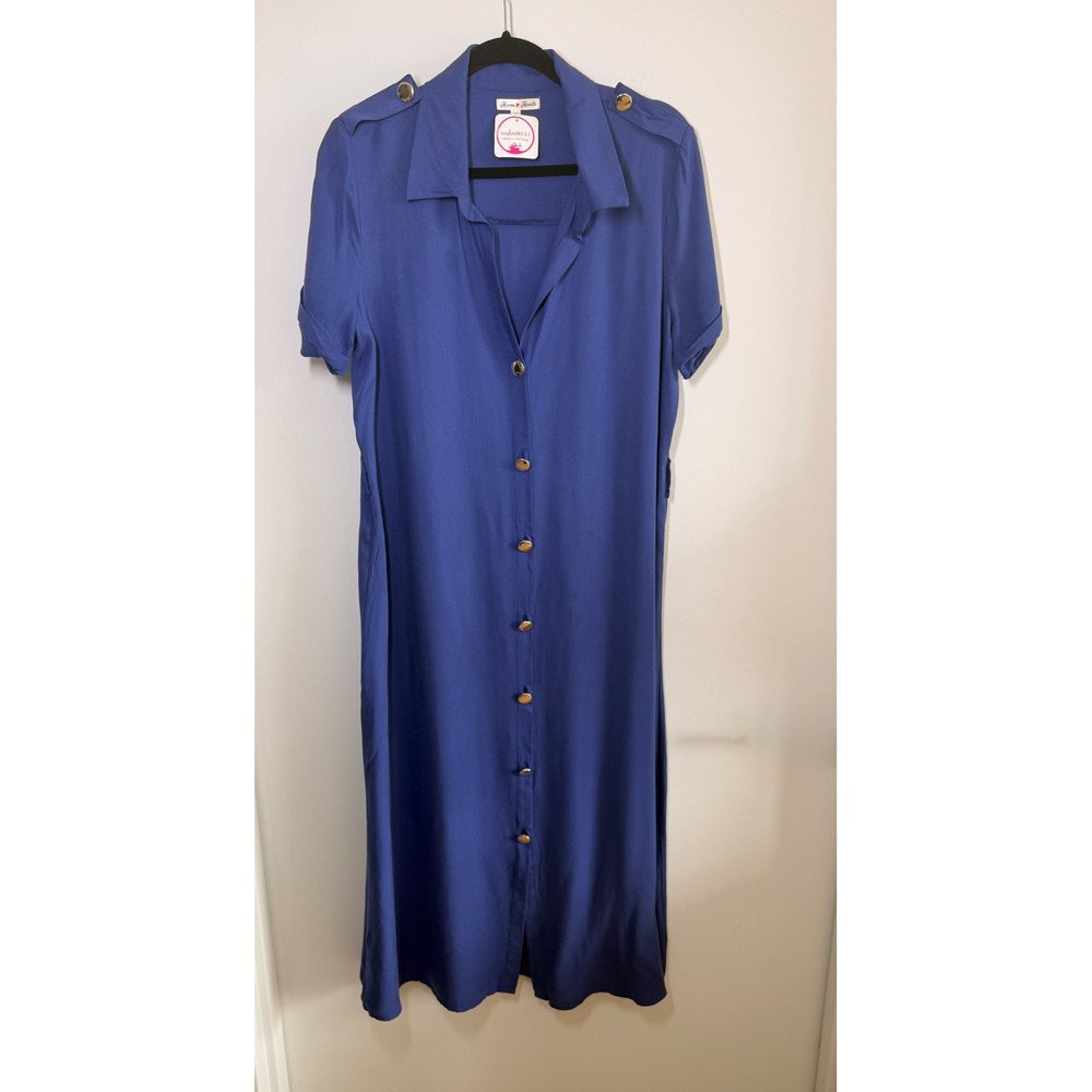 Haven Hearts Shirt Dress Women Large Blue NWT Button Front Epaulette Rayon Midi